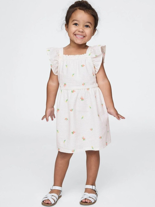 GAP Girls Floral Printed Pure Cotton Square Neck Flutter Sleeve A-Line Dress