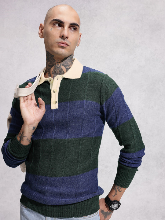 WROGN Striped Shirt Collar Pure Acrylic Pullover