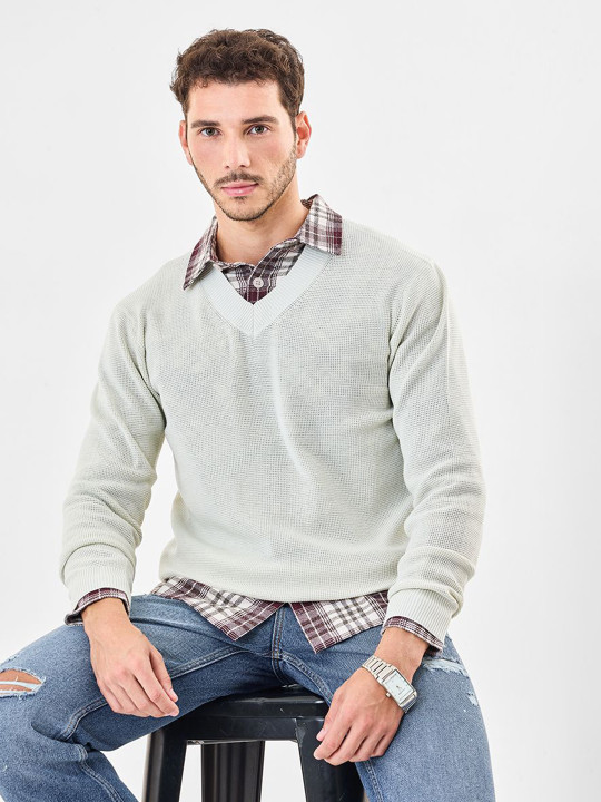 Snitch Men Self Design V-Neck Full Sleeves Pullover Sweater