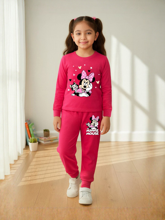 YK Disney Girls Printed Round Neck T-shirt With Joggers