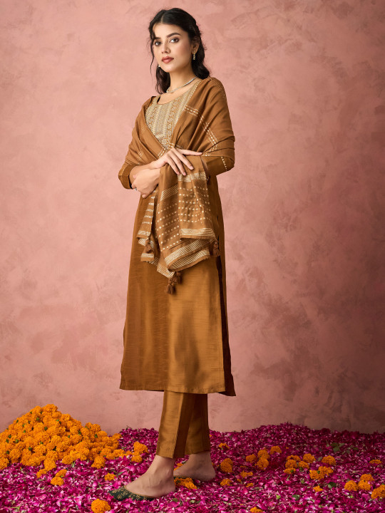 KALINI Ethnic Motifs Yoke Design Thread Work Straight Kurta with Trousers & Dupatta