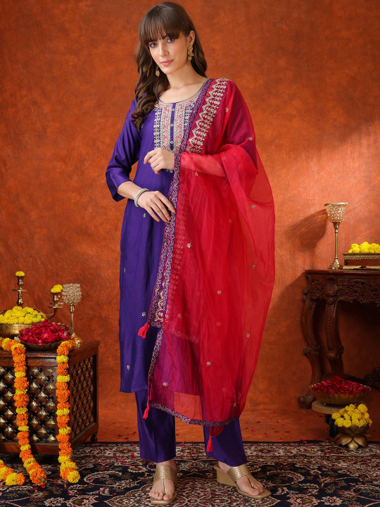 KALINI Embroidered Round Neck Thread Work Chanderi Cotton Kurta With Trousers & Dupatta