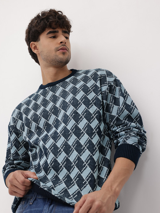 Roadster The Life Co. Geometric Self-Design Pullover