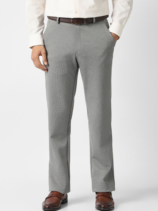 V Dot Men Mid-Rise Textured Slim Fit Formal Trousers