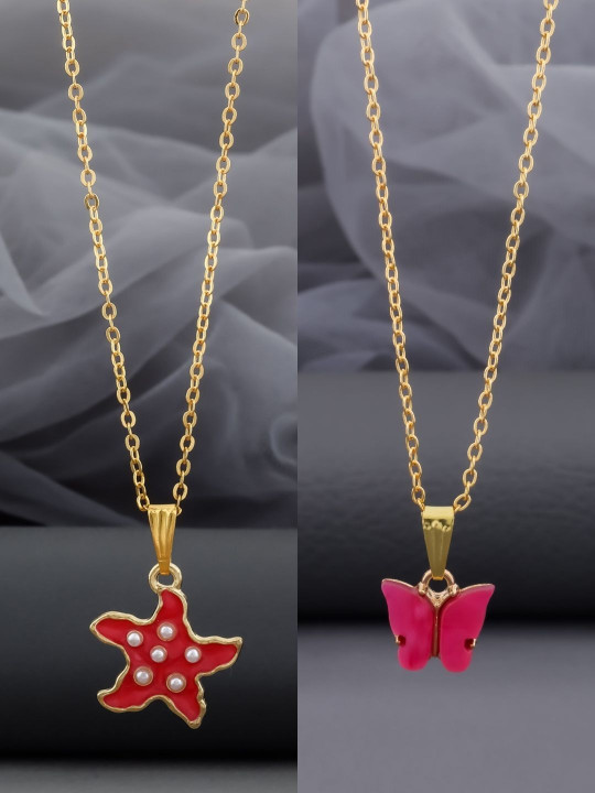 SZN Set Of 2 Stainless Steel Gold-Plated Dolphin Shaped Enamelled Pendants With Chains