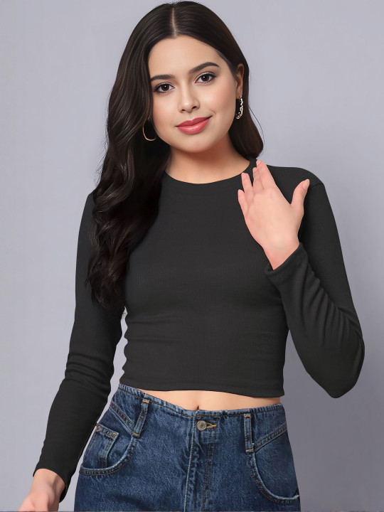 Maheshvi Women Black Ribbed Round Neck Crop Top