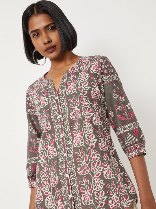 max Women Floral Printed Round Neck Three-Quarter Sleeves Kurti