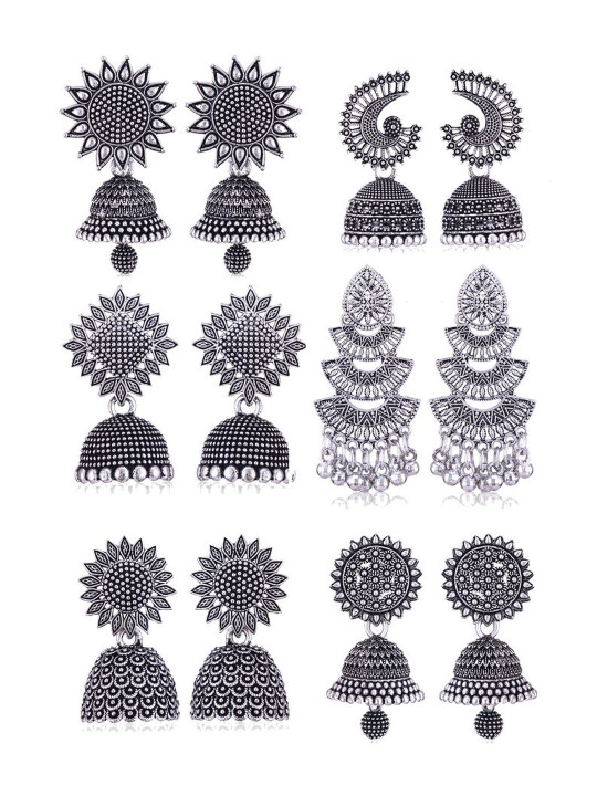 Sangria Set Of 6 Silver Plated Oxidized Jhumka Earrings