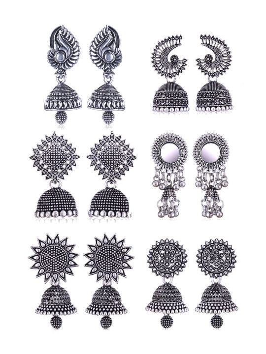 DIVASTRI Set Of 6 Silver Plated Pearls Beaded Oxidized Dome Shaped Jumkas