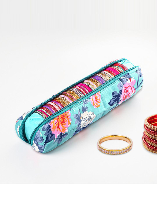 Aura Green & Pink Printed Cotton Single Rod Bangle Organiser Zip Closure