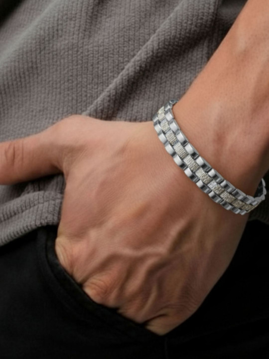 RKB Sales Men Stainless Steel Silver-Plated Cuff Bracelet