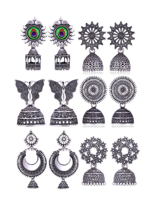 Sangria Set Of 6 Silver Plated Oxidized Jhumka Earrings