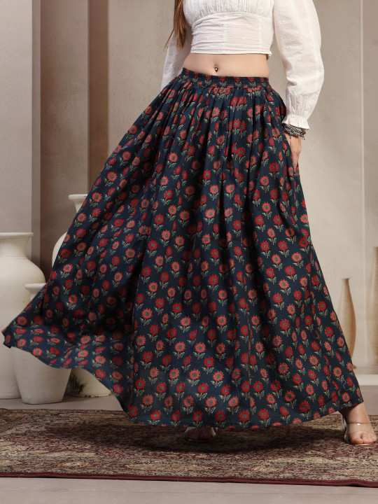 SUNEKH Women Floral Printed Cotton Flared Maxi Skirts