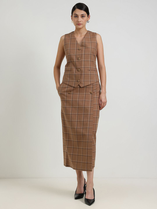 FABLE STREET Women Checked V Neck Pure Cotton Waistcoat & Skirt Co-Ords