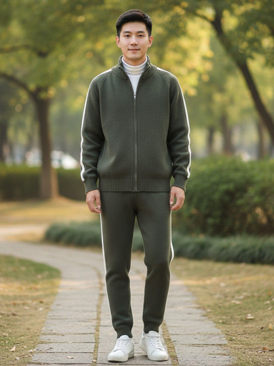 Mast & Harbour Men Green Long Sleeves High Neck Front-Open Sweater