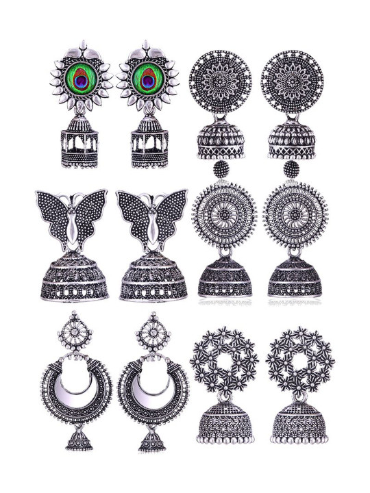 Sangria Set Of 6 Silver Plated Oxidized Jhumka Earrings