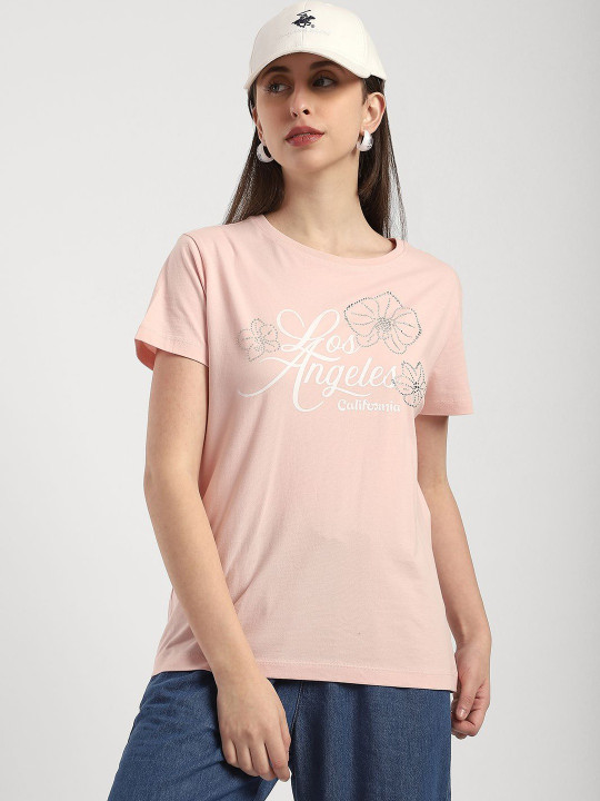 R&B Women Regular Fit Typography Printed Round Neck Cotton T-shirt