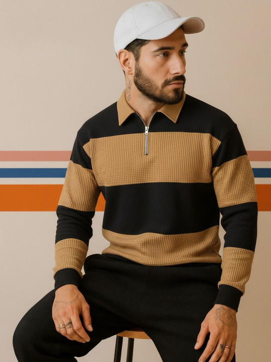 Try This Men Colourblocked Shirt Collar Sweatshirts