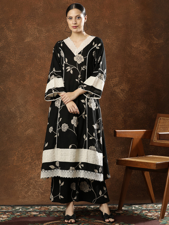 Anouk Women Cotton Floral Printed V-Neck with Schiffli Work Kurta with Palazzo