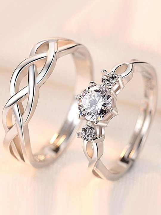 Teeragaj Set Of 2 Stone-Studded Adjustable Couple Finger Rings