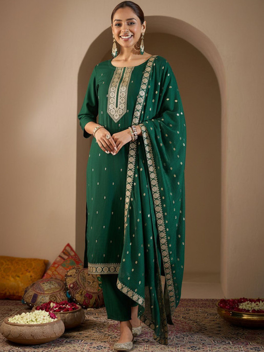 Indo Era Ethnic Motifs Embroidered Straight Thread Work Kurta With Trousers & Dupatta