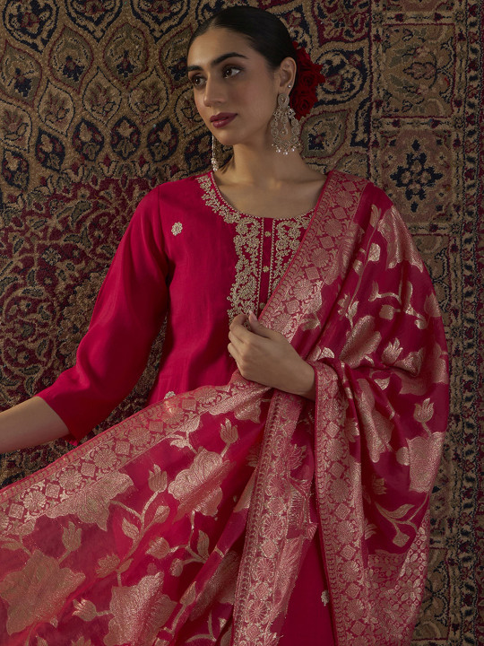 Indo Era Ethnic Motifs Embroidered Straight Kurta With Trousers & Dupatta