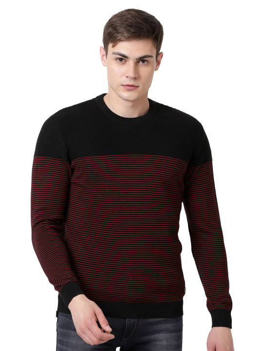t-base Men Striped Crew Neck Long Sleeves Pure Cotton Pullover Sweater