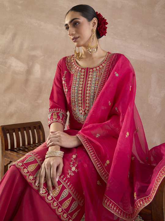 Indo Era Ethnic Motifs Embroidered Straight Thread Work Kurta With Palazzos & Dupatta