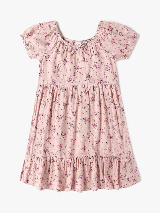 GAP Girls Floral Printed Pure Cotton Round Neck Puff Sleeves Tiered Dress