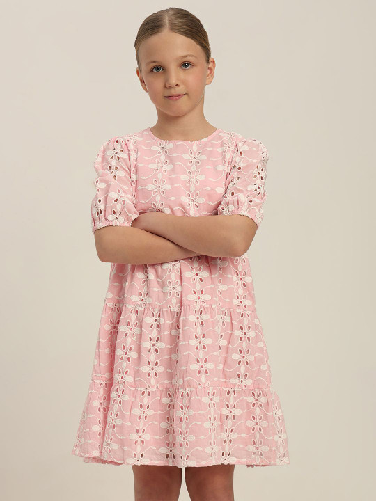 Vero Moda Girls Floral Embroidered Schiffli Puff Sleeve Cotton Tiered A-Line Dress