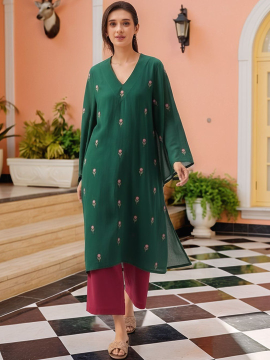 SZN Floral Printed Three-Quarter Sleeves Straight Kurta With Palazzos