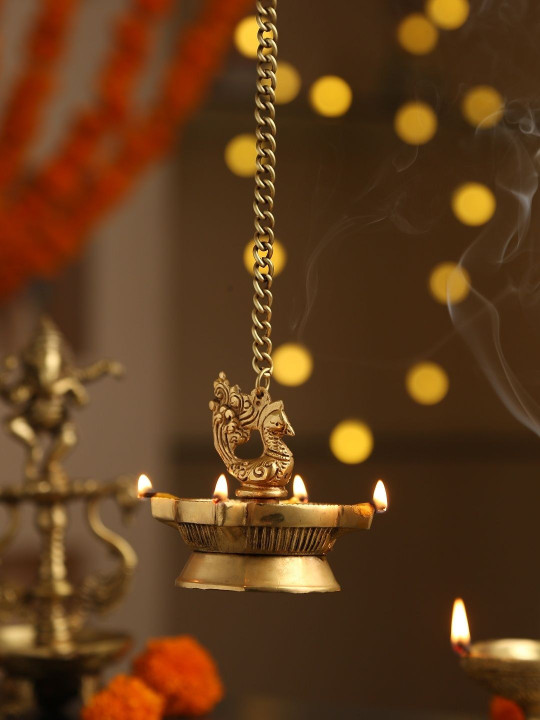 Revive Home Gold-Toned Peacock Hanging Diya With Four Side Lamp And Chain