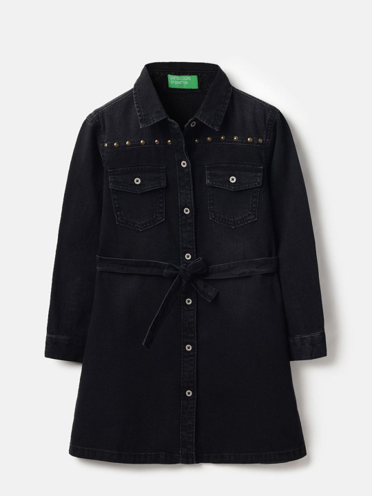 United Colors of Benetton Girls Regular Fit Spread Collar Solid Star Studs Denim Dress