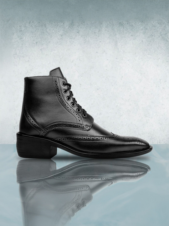 Bxxy Men Textured Round Toe Mid-Top Lace Up Elevator Brogue Formal Shoes