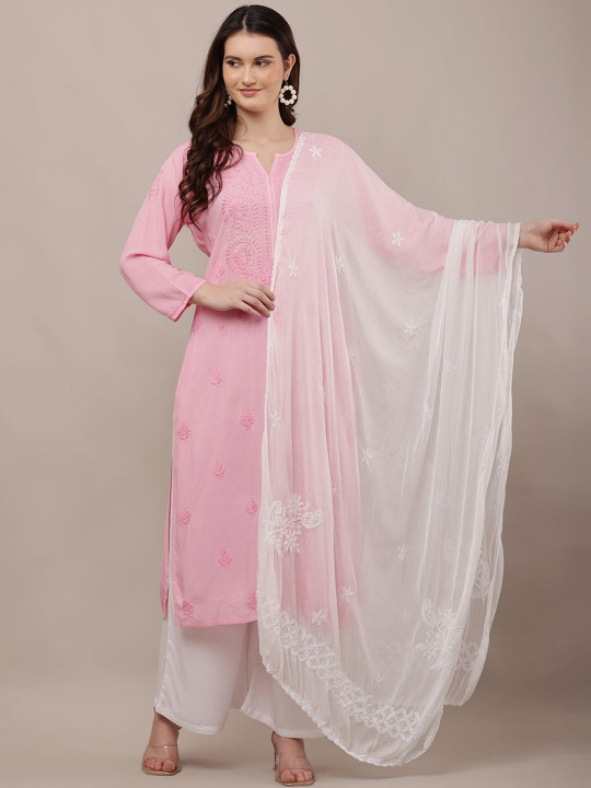 Nature thread Floral Embroidered Chikankari Work Chiffon Dupatta