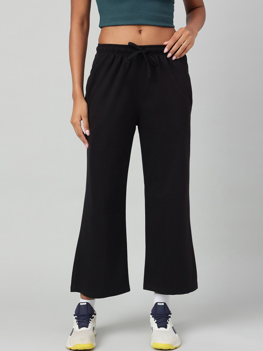 MKH Women Black Regular Fit Solid Wide-Leg Track Pants