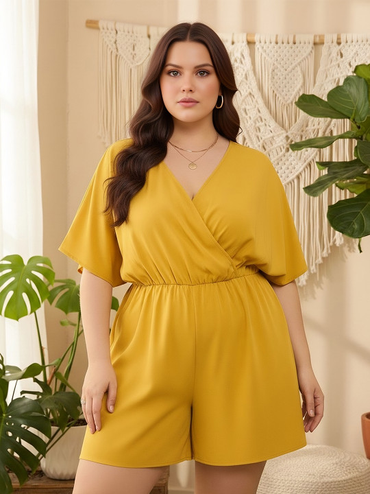 Berrylush Curve Women Plus Size V-Neck Short Sleeve Playsuit