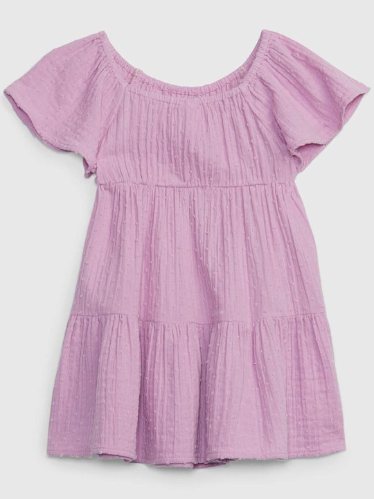 GAP Girls Self Design Tiered Extended Sleeves Pure Cotton Relaxed Fit A-Line Midi Dress