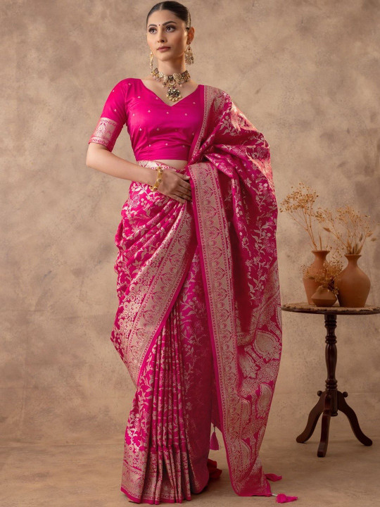 VARYAM Ethnic Motifs Woven Design Zari Satin Banarasi Saree