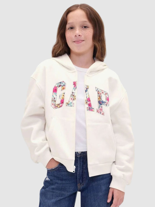 GAP Girls Brand Logo Printed Hooded Drop-Shoulder Zip-Front Sweatshirt