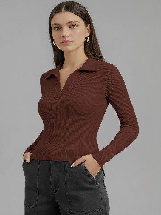 Dream Beauty Fashion Women Ribbed Shirt Collar Long Sleeves Top