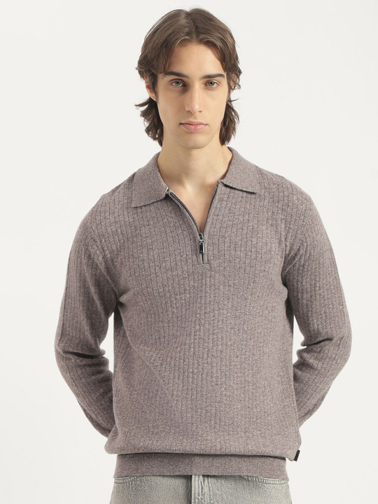 United Colors of Benetton Men Ribbed Shirt Collar Long Sleeves Woollen Sweater Vest