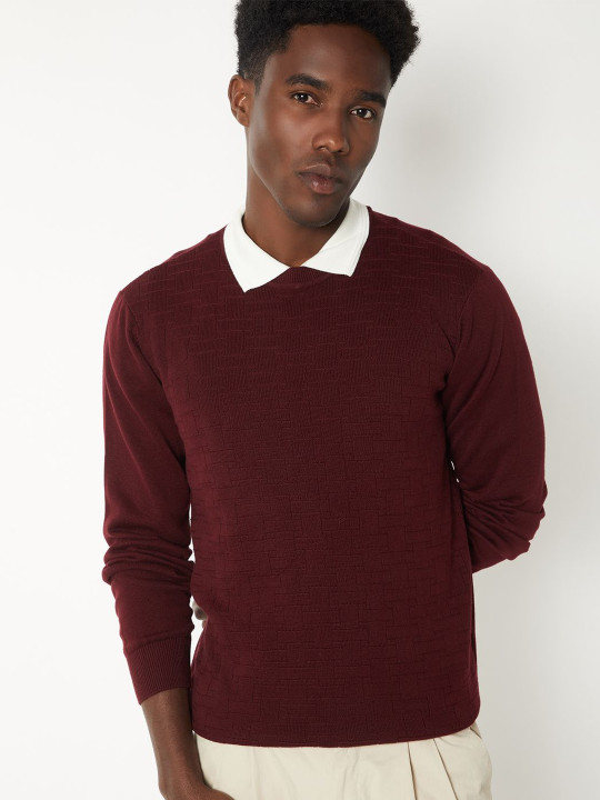 max Men Round Neck Geometric Round Neck Cotton Cardigan