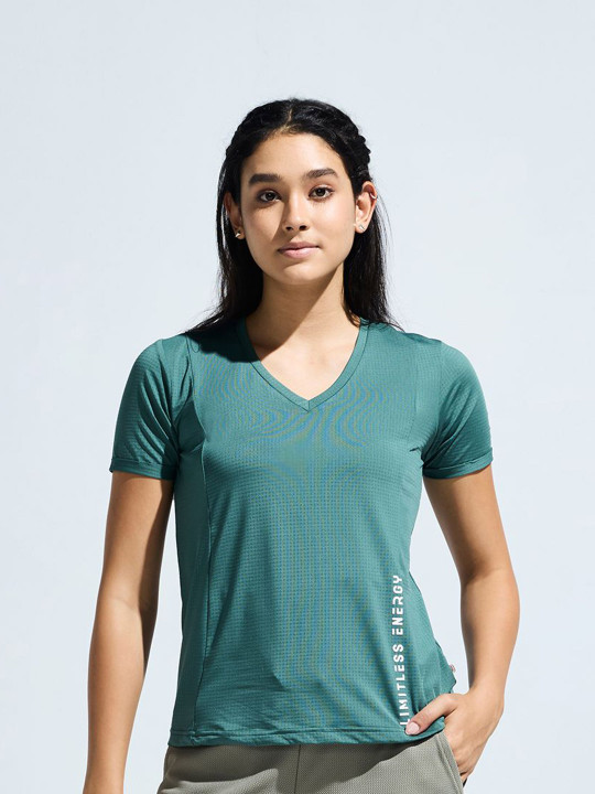 DOMIN8 Women Typography Printed V-Neck Moisture Wicking Slim Fit T-shirt