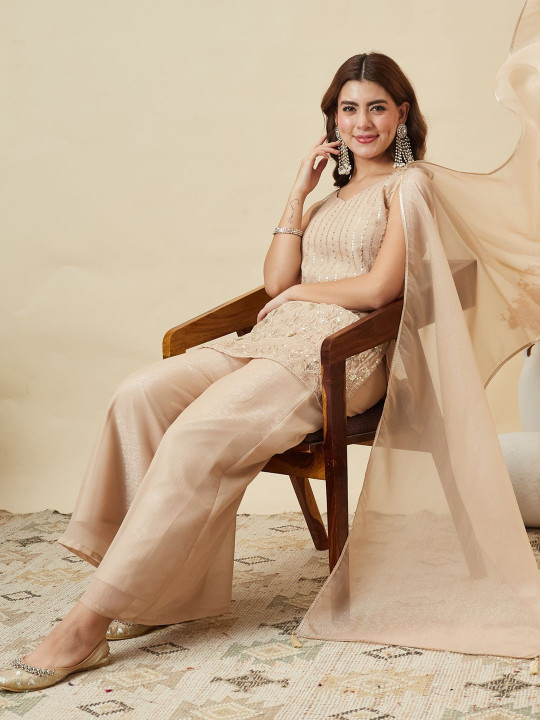 MOKOSH Women Ethnic Motifs Embroidered Silk Kurta with Palazzos & Dupatta