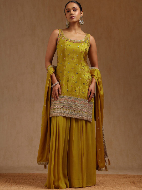 Soch Ethnic Motifs Embroidered Round Neck Mirror Work Kurta With Sharara & Dupatta