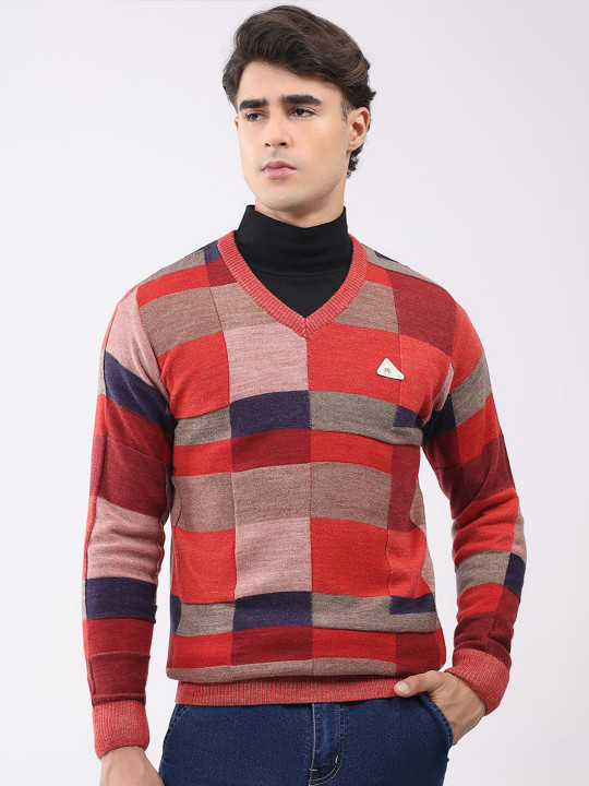 Monte Carlo Men Checked V-Neck Full Sleeve Woollen Pullover