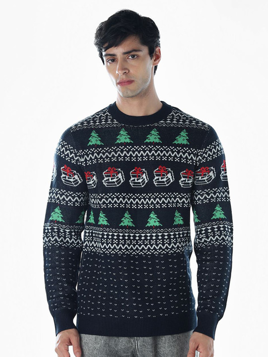 Jack & Jones Men Self Design Round Neck Long Sleeves Pullover Sweaters