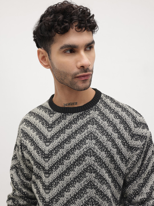 Roadster The Life Co. Chevron Self Design Round Neck Pullover