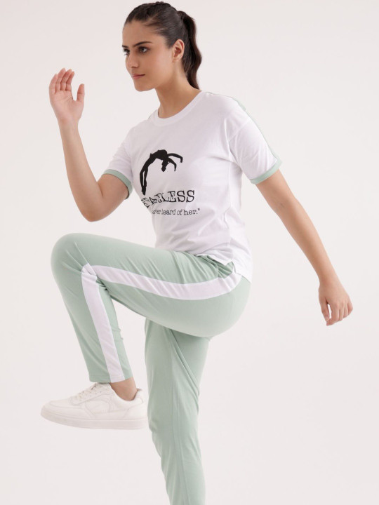 Slumber Jill Round Neck Pure Cotton Tshirt With Track Pants Co-Ords